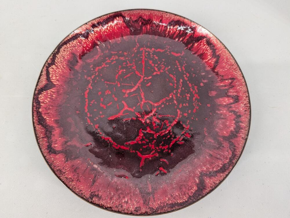 Vintage Enamel Copper Plate Dish Red Abstract Mid Century Modern Art Decor